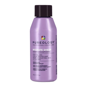 Pureology bottle front showing Hydrate Sheer Shampoo and travel size benefits