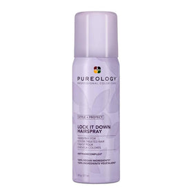 Pureology front packaging showcasing compact travel-size and maximum hold benefit