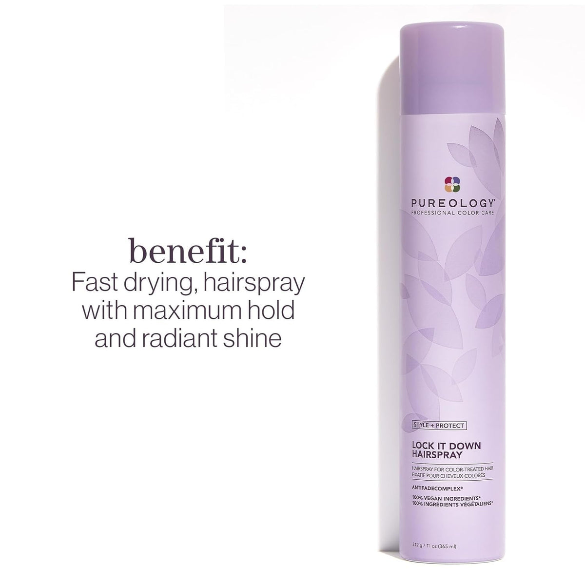 Pureology Lock It Down hairspray held in hand indicating strong hold and color protection