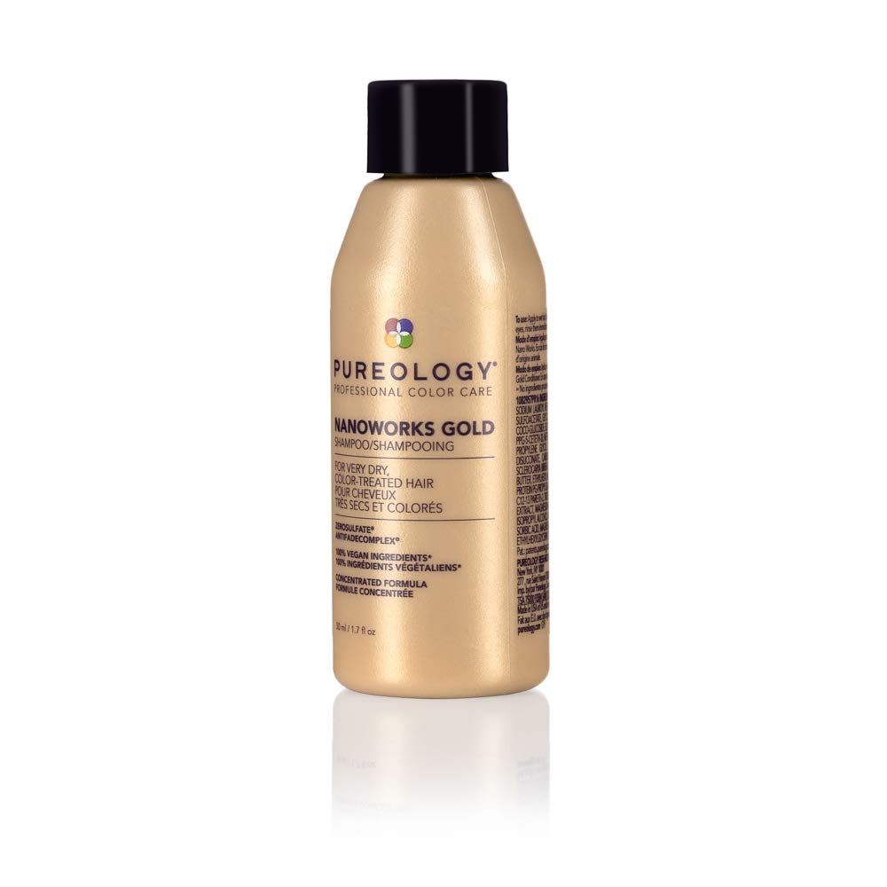 Pureology Nanoworks Gold on bathroom shelf with towels, lifestyle scene suggests salon-level care