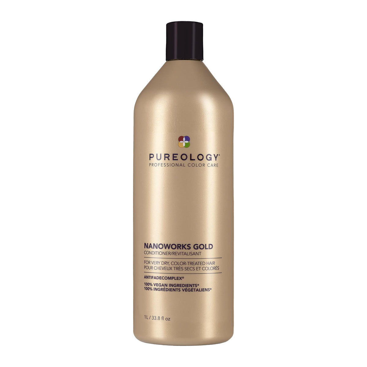 Pureology Nanoworks Gold front bottle shows product and benefits