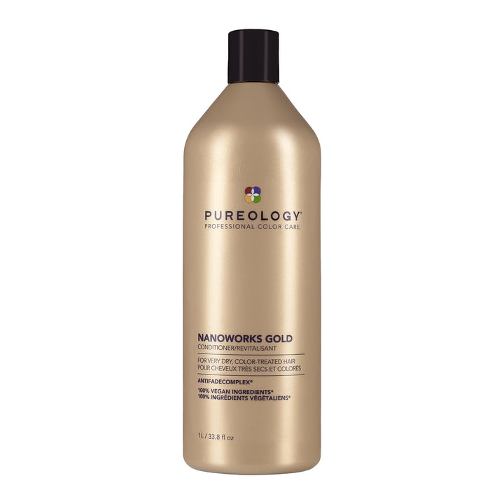 Pureology Nanoworks Gold front bottle shows product and benefits