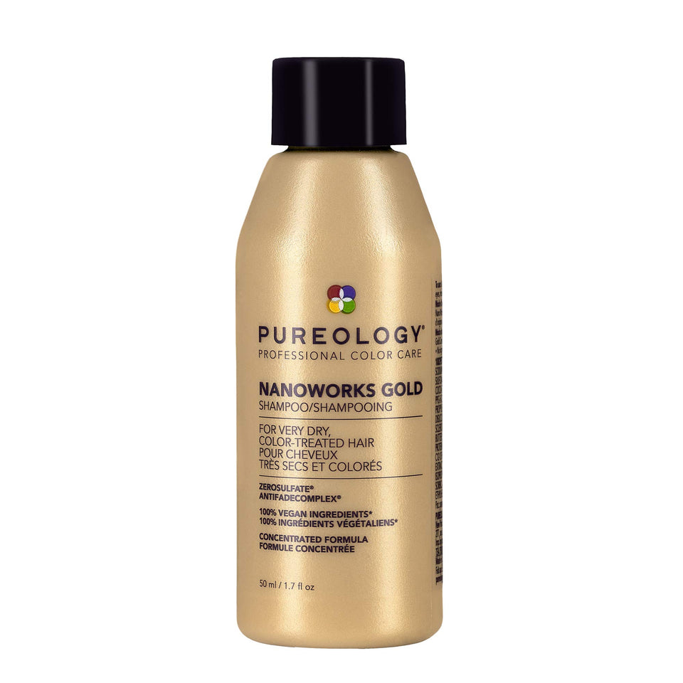 Pureology Nanoworks Gold front bottle showing label and elegant design, highlights premium renewal