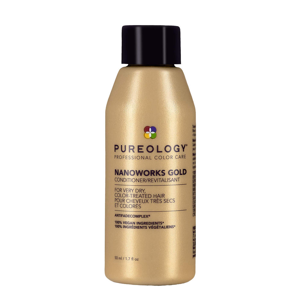 Pureology Nanoworks Gold front packaging showing conditioner benefits