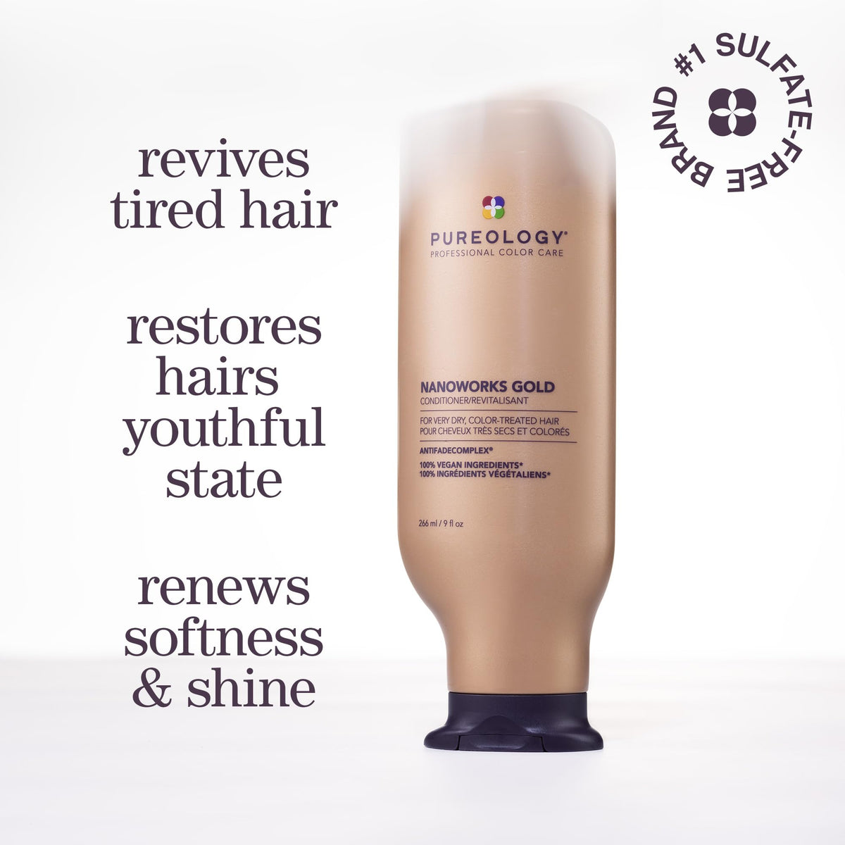 Pureology pump and label showing instructions and salon-grade benefits