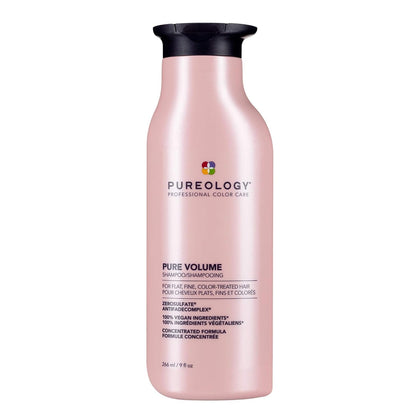 Pureology front bottle showing label and compact volumizing design benefit