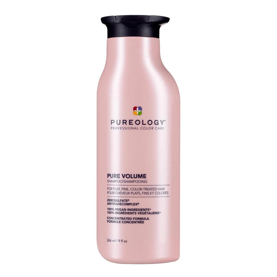 Pureology front bottle showing label and compact volumizing design benefit