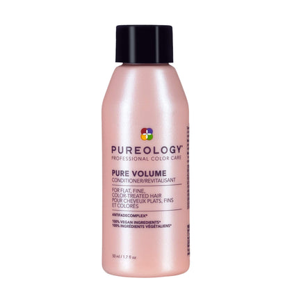 Pureology front packaging showing the Pure Volume conditioner for travel convenience and color care
