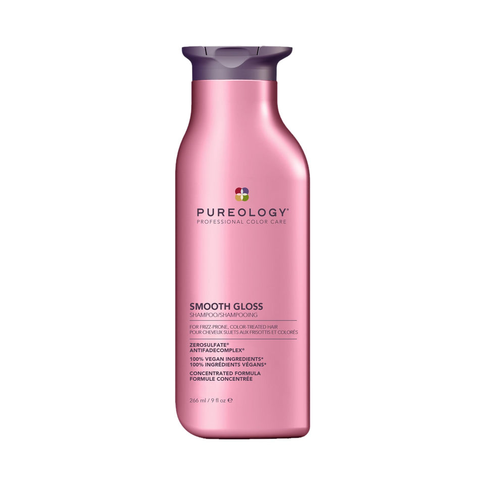 Pureology bottle front view showing sleek packaging and smooth hair benefit