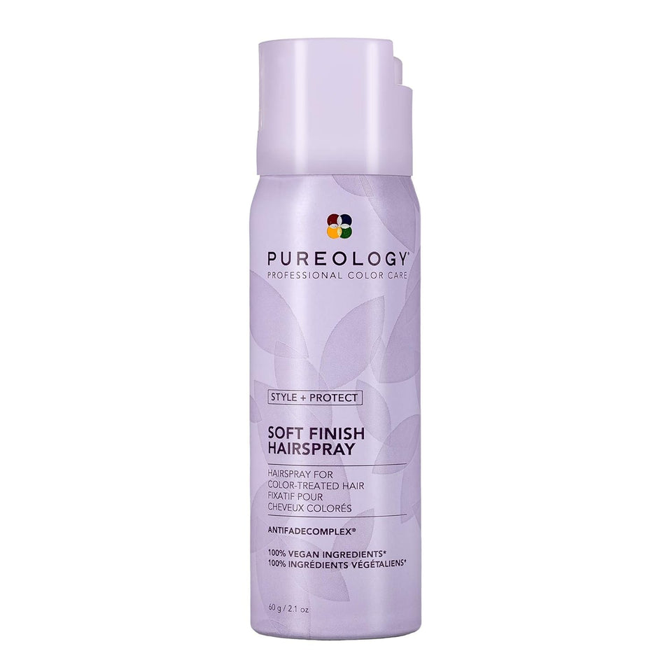 Pureology front packaging showing hairspray can and branding, protects color