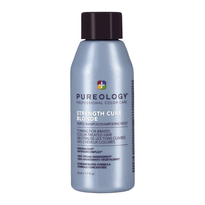 Pureology Strength Cure Blonde front bottle showing compact travel size and branding benefit