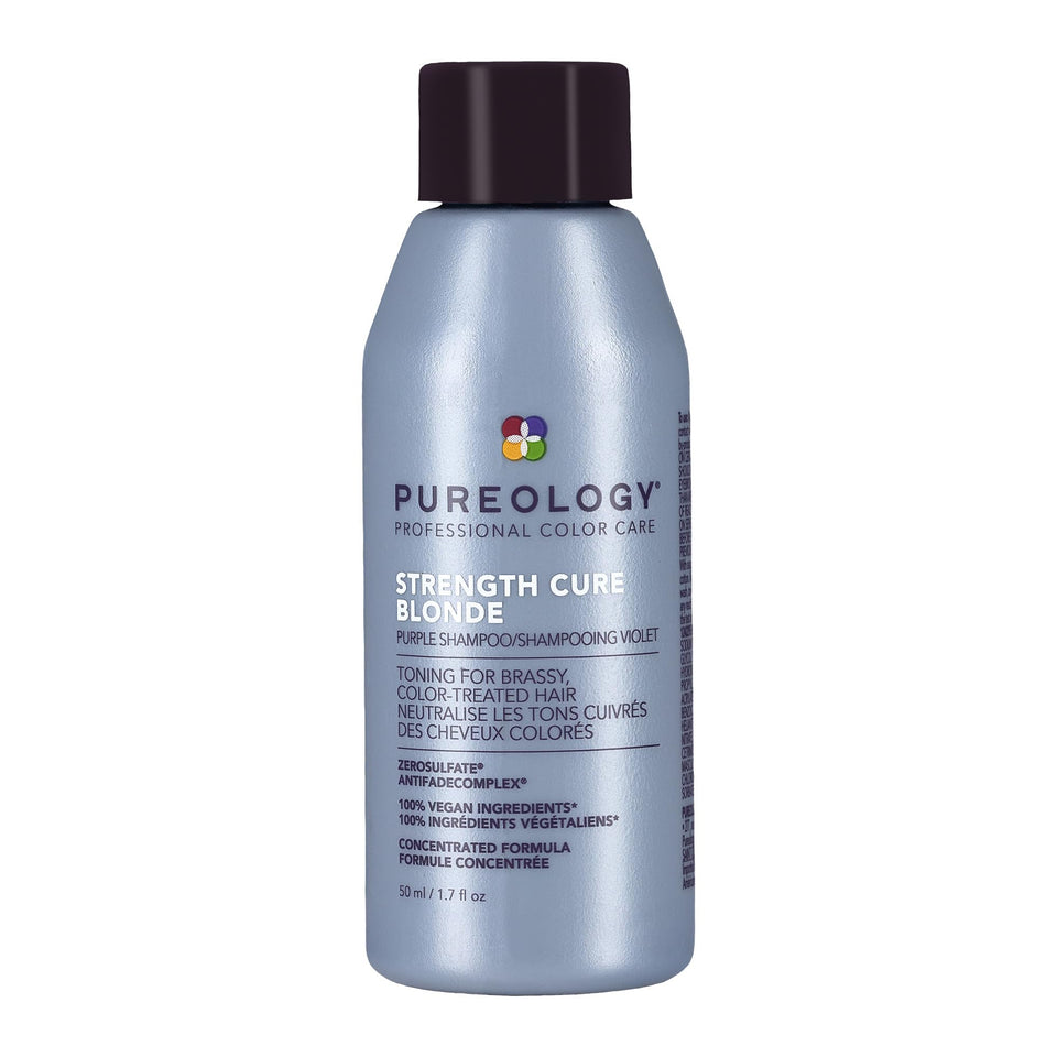 Pureology Strength Cure Blonde front bottle showing compact travel size and branding benefit