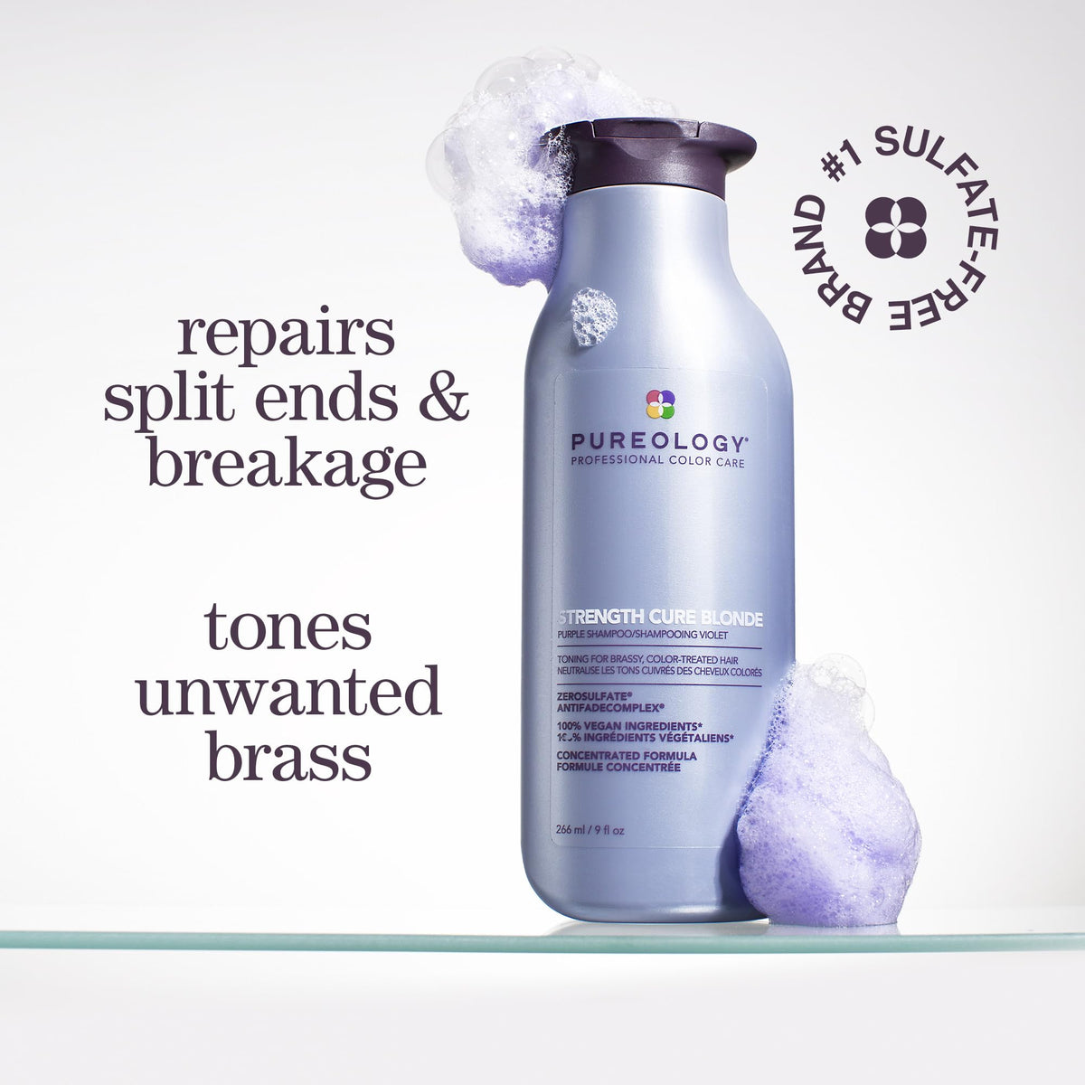 Pureology Strength Cure Blonde shampoo pouring to show silky texture and easy application benefit
