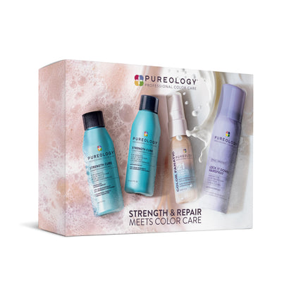 Pureology kit front packaging showing all four products and travel-ready benefits