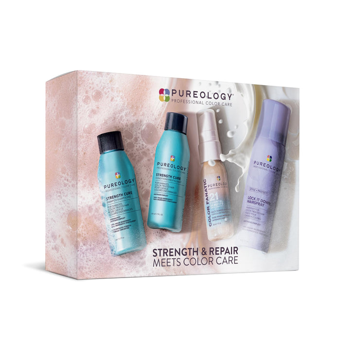 Pureology kit front packaging showing all four products and travel-ready benefits