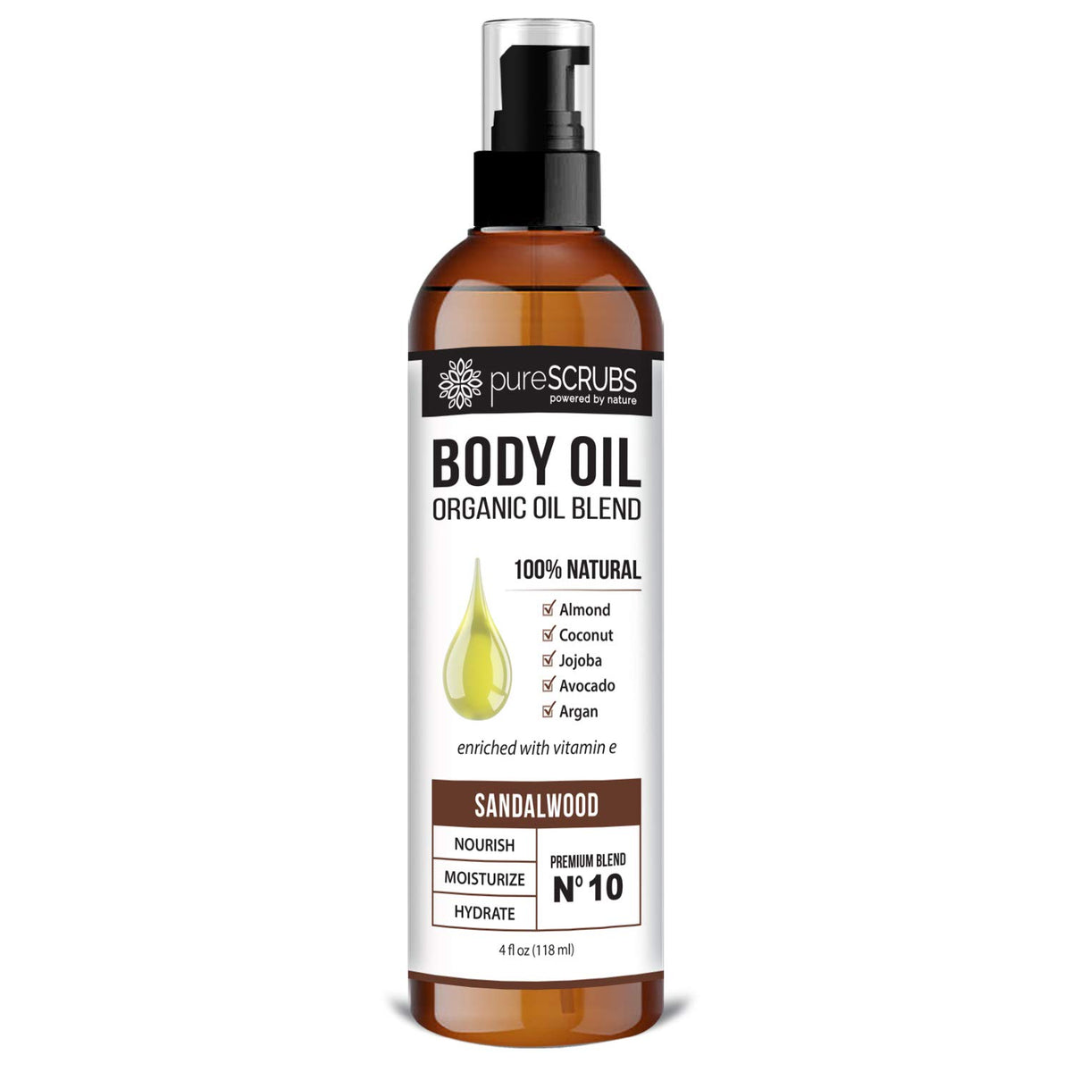 pureSCRUBS bottle front view showing sandalwood oil and fast absorption benefit