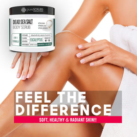 pureSCRUBS open jar showing eucalyptus Dead Sea salt texture for effective exfoliation