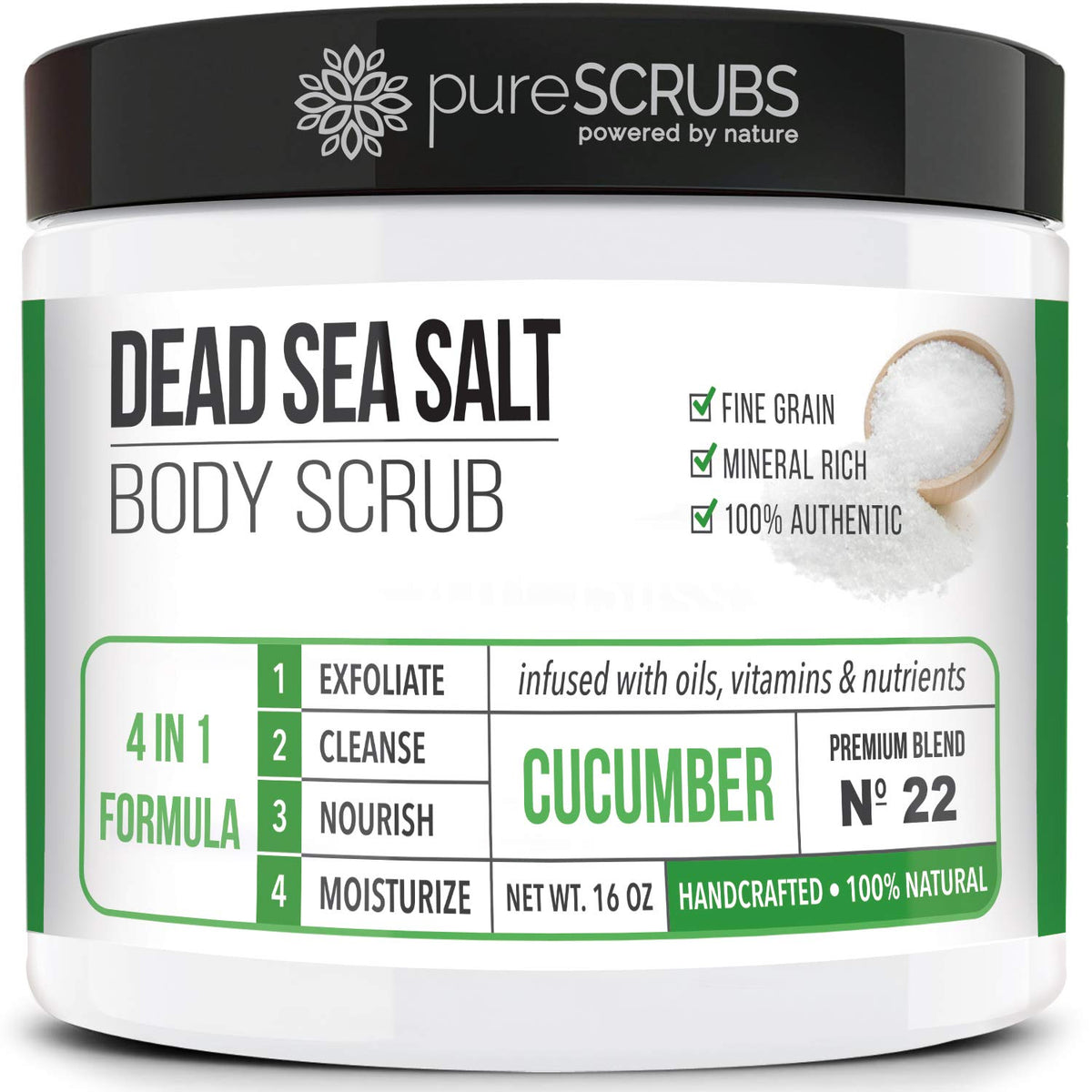 pureSCRUBS jar front view showing cucumber scent and 16oz size benefits