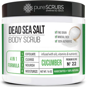 pureSCRUBS jar front view showing cucumber scent and 16oz size benefits