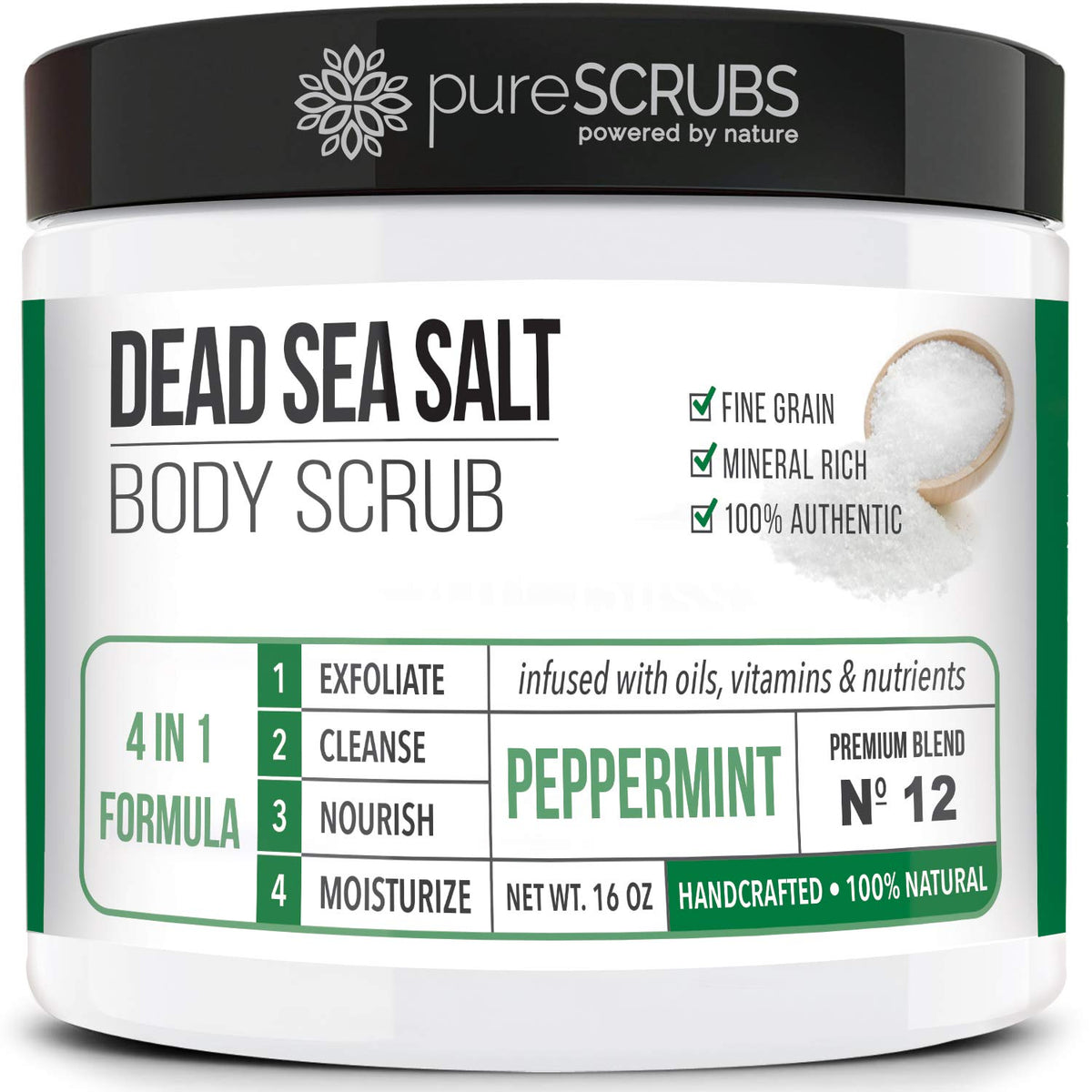pureSCRUBS jar front view showing product and label for clear identification and trust