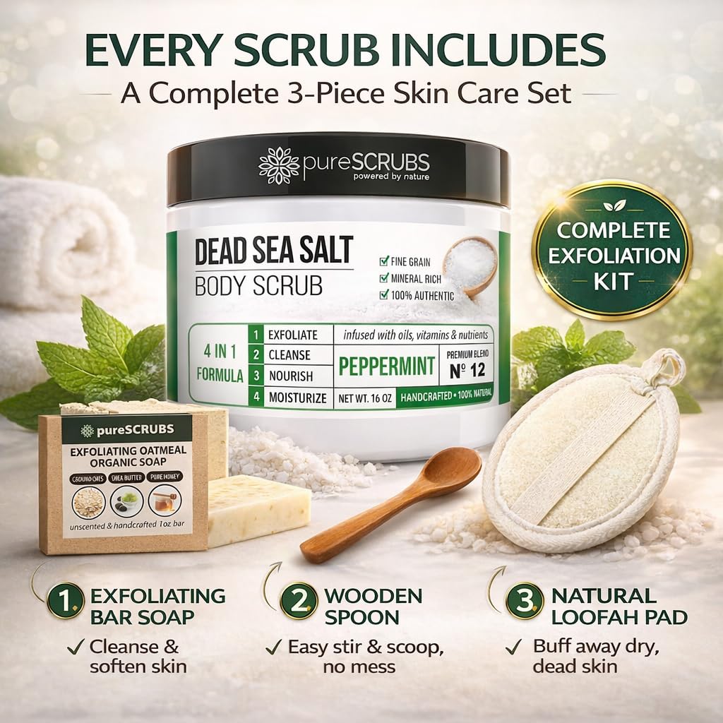 pureSCRUBS key natural ingredients arranged to show nourishing, skin-friendly components