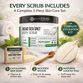 pureSCRUBS key natural ingredients arranged to show nourishing, skin-friendly components