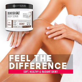 pureSCRUBS jar open showing coconut salt scrub texture for effective exfoliation