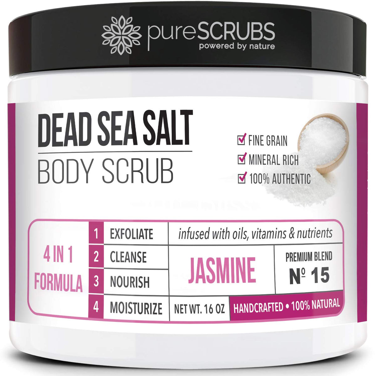 pureSCRUBS jasmine jar front showing label and clean presentation benefit: clear product info