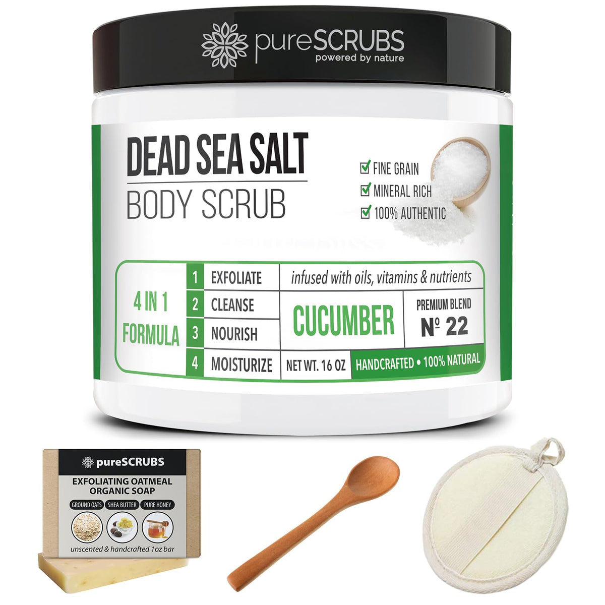 pureSCRUBS label close-up displaying handcrafted formula and ingredients