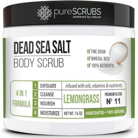 pureSCRUBS front jar showing product label and lemongrass scent benefits