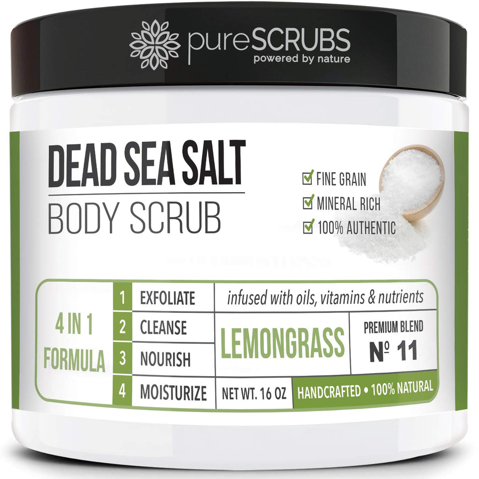 pureSCRUBS front jar showing product label and lemongrass scent benefits