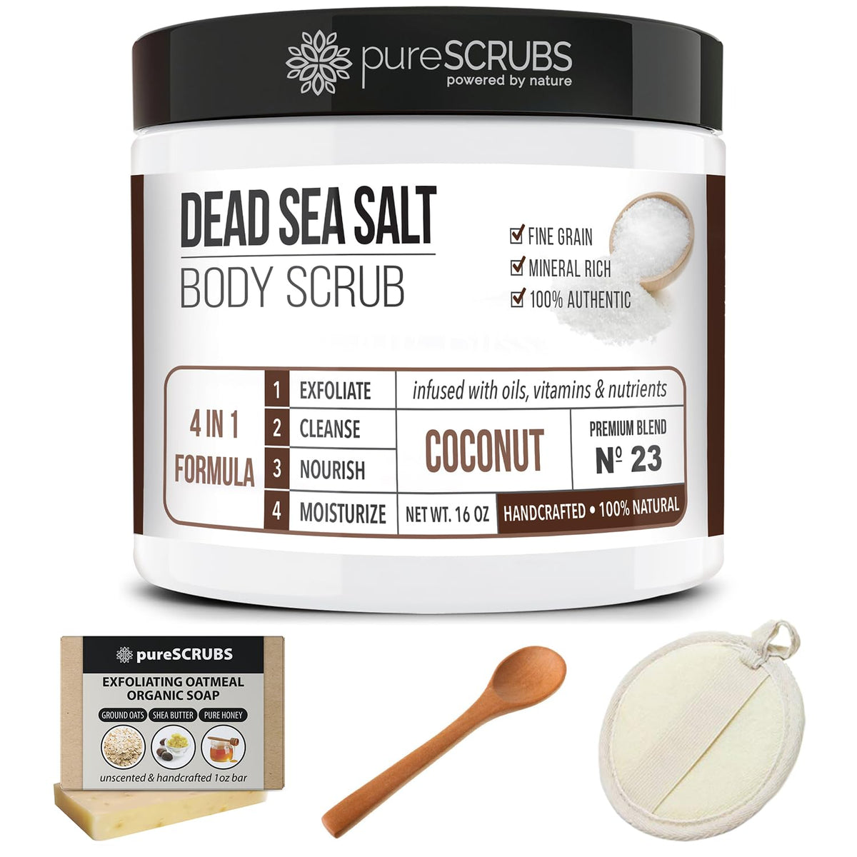 pureSCRUBS set styled on bathroom shelf to show at-home spa lifestyle