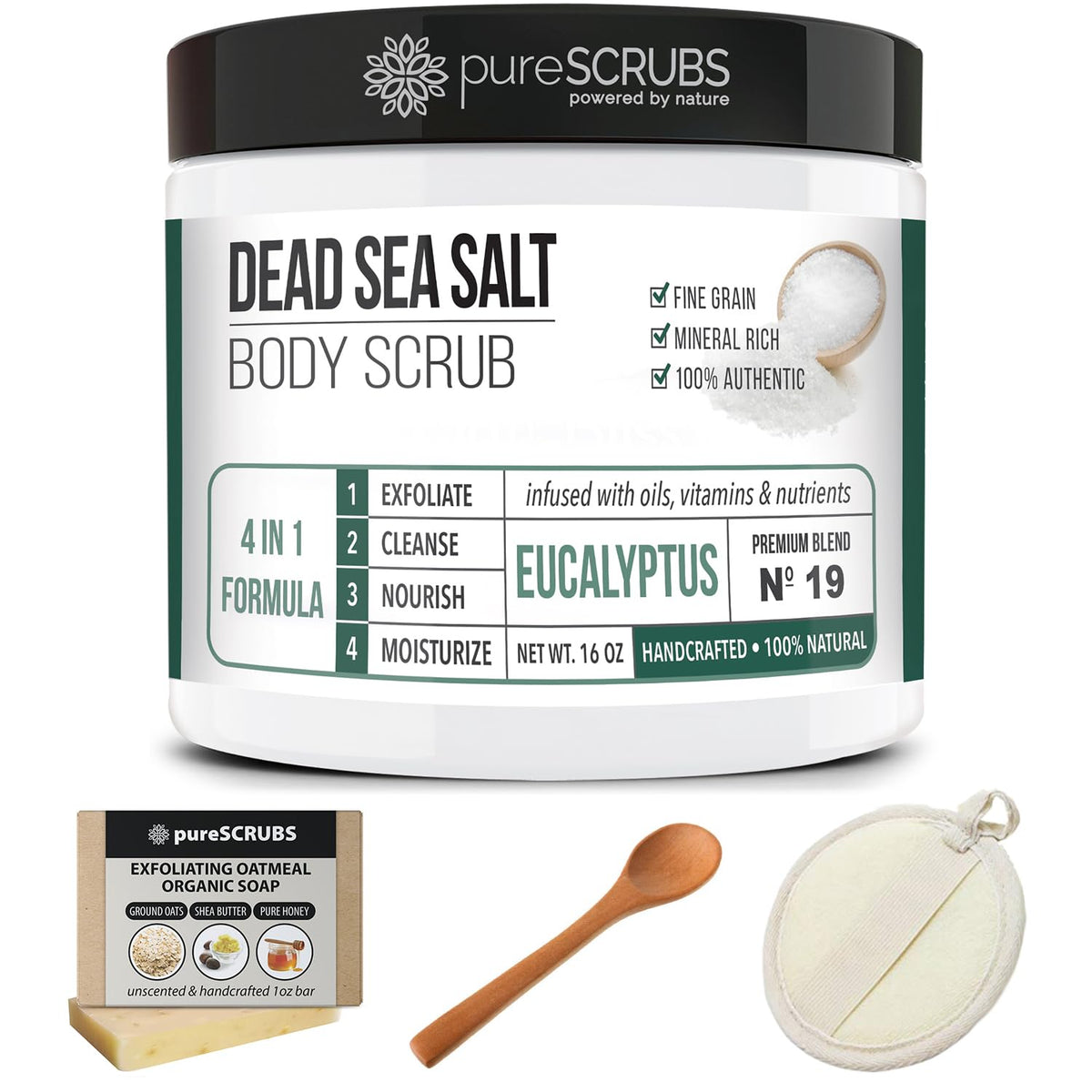 pureSCRUBS set styled in bathroom to suggest relaxing at-home spa benefit