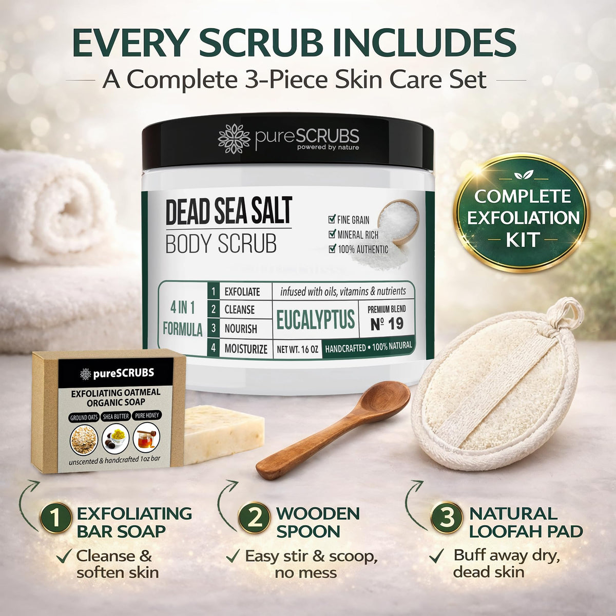 pureSCRUBS oatmeal bar soap on marble to soothe skin after exfoliation