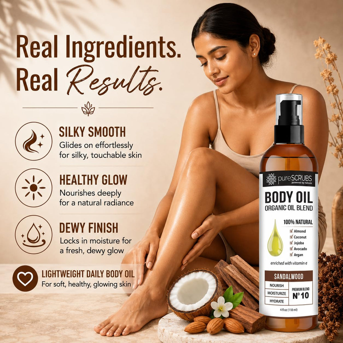 pureSCRUBS oil drop texture on skin highlighting lightweight, non-greasy feel