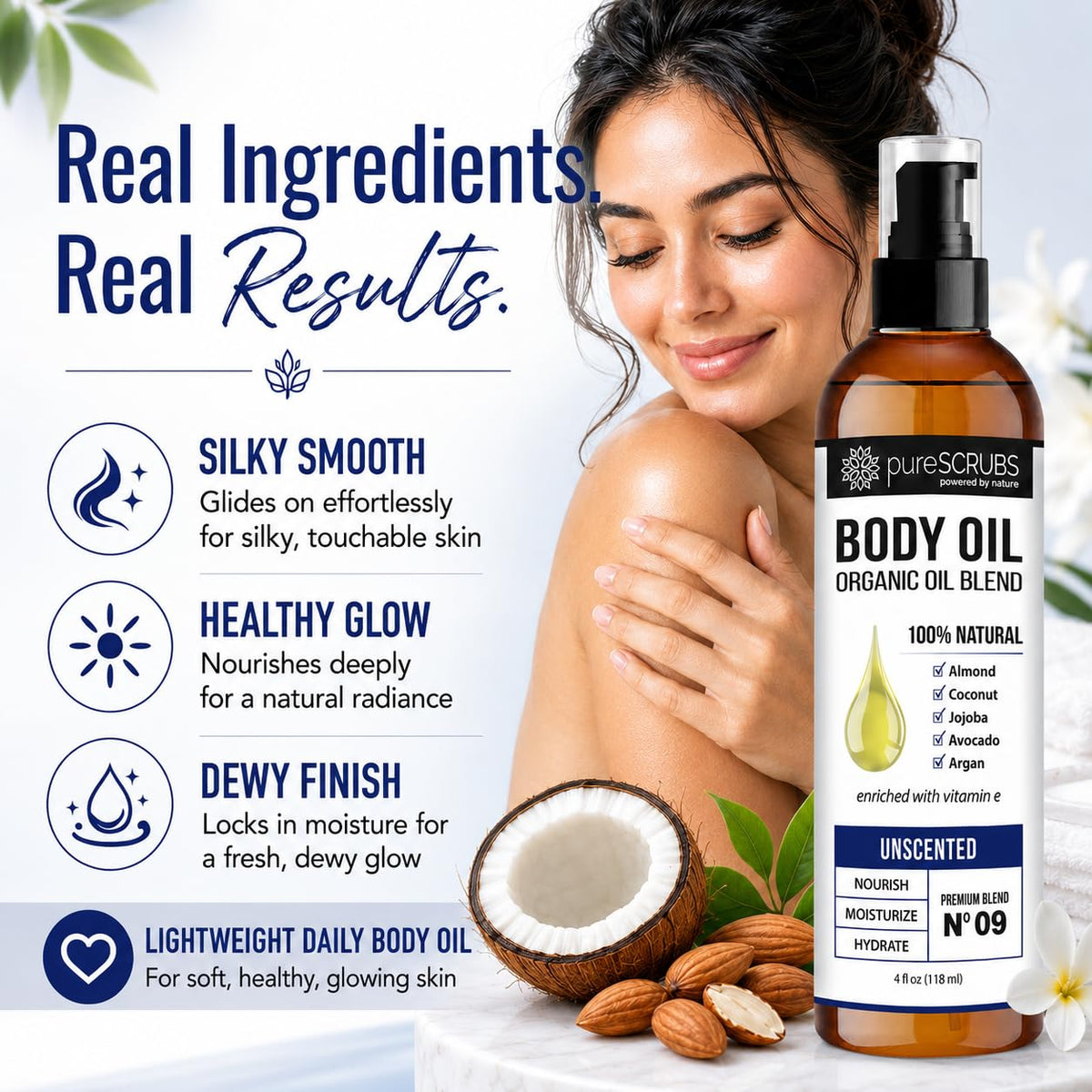 pureSCRUBS oil texture in palm highlighting quick absorption benefit