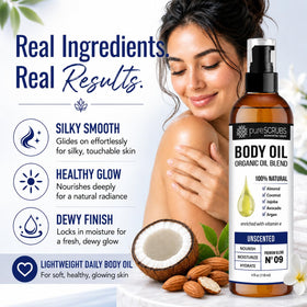 pureSCRUBS oil texture in palm highlighting quick absorption benefit
