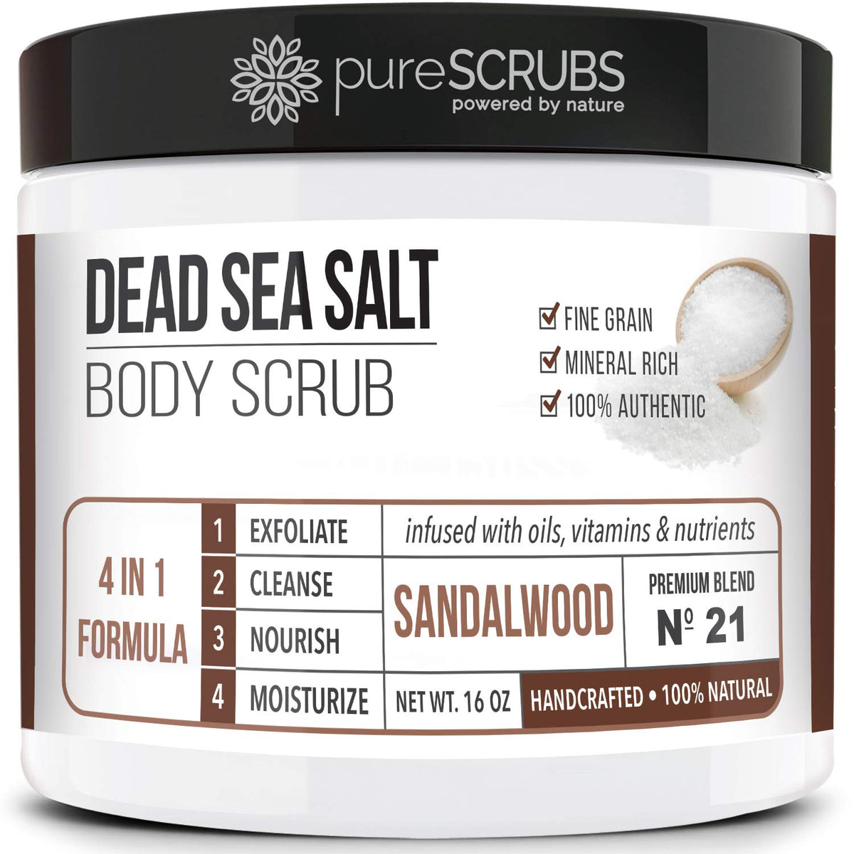 pureSCRUBS jar front view showing sandalwood scrub and benefits