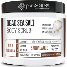 pureSCRUBS jar front view showing sandalwood scrub and benefits