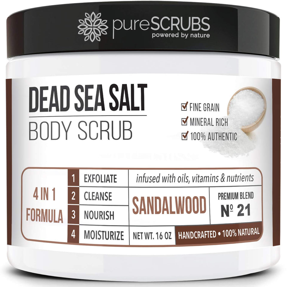 pureSCRUBS jar front view showing sandalwood scrub and benefits
