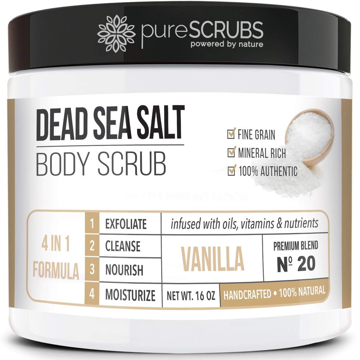 pureSCRUBS jar front showing label and 16oz size for clear product identity