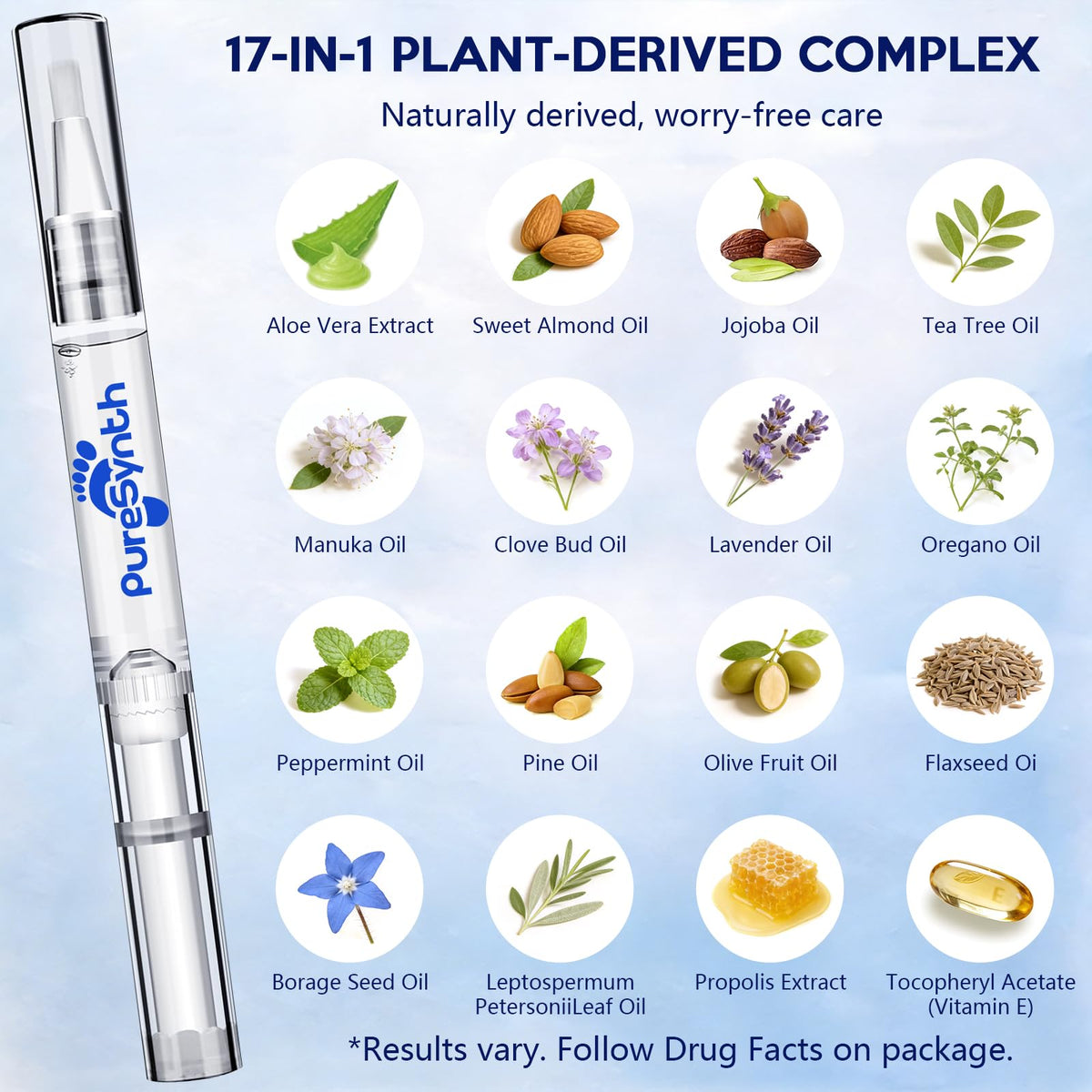 PureSynth botanical ingredients display featuring tea tree and aloe conditioning