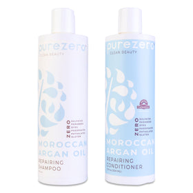 Purezero front view of shampoo and conditioner bottles showing packaging and brand benefits