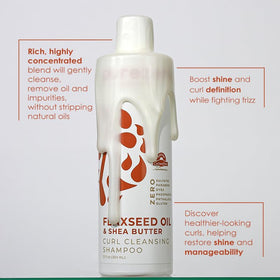 Purezero close-up of bottle label highlighting flaxseed oil and shea butter