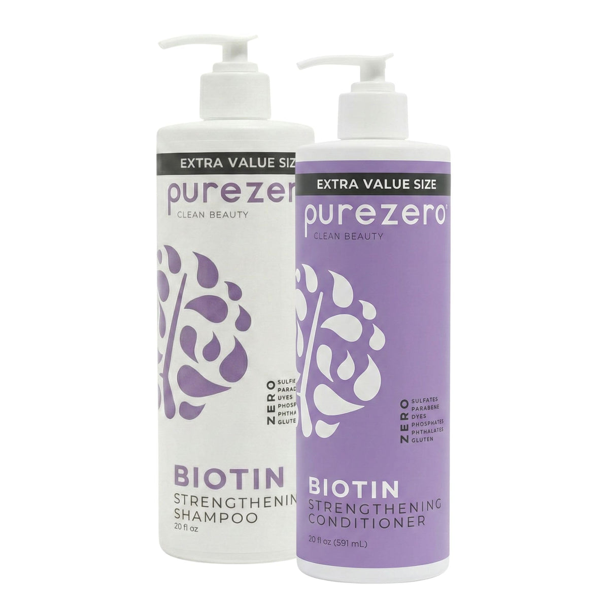 Purezero front packaging showing paired shampoo and conditioner for fuller hair