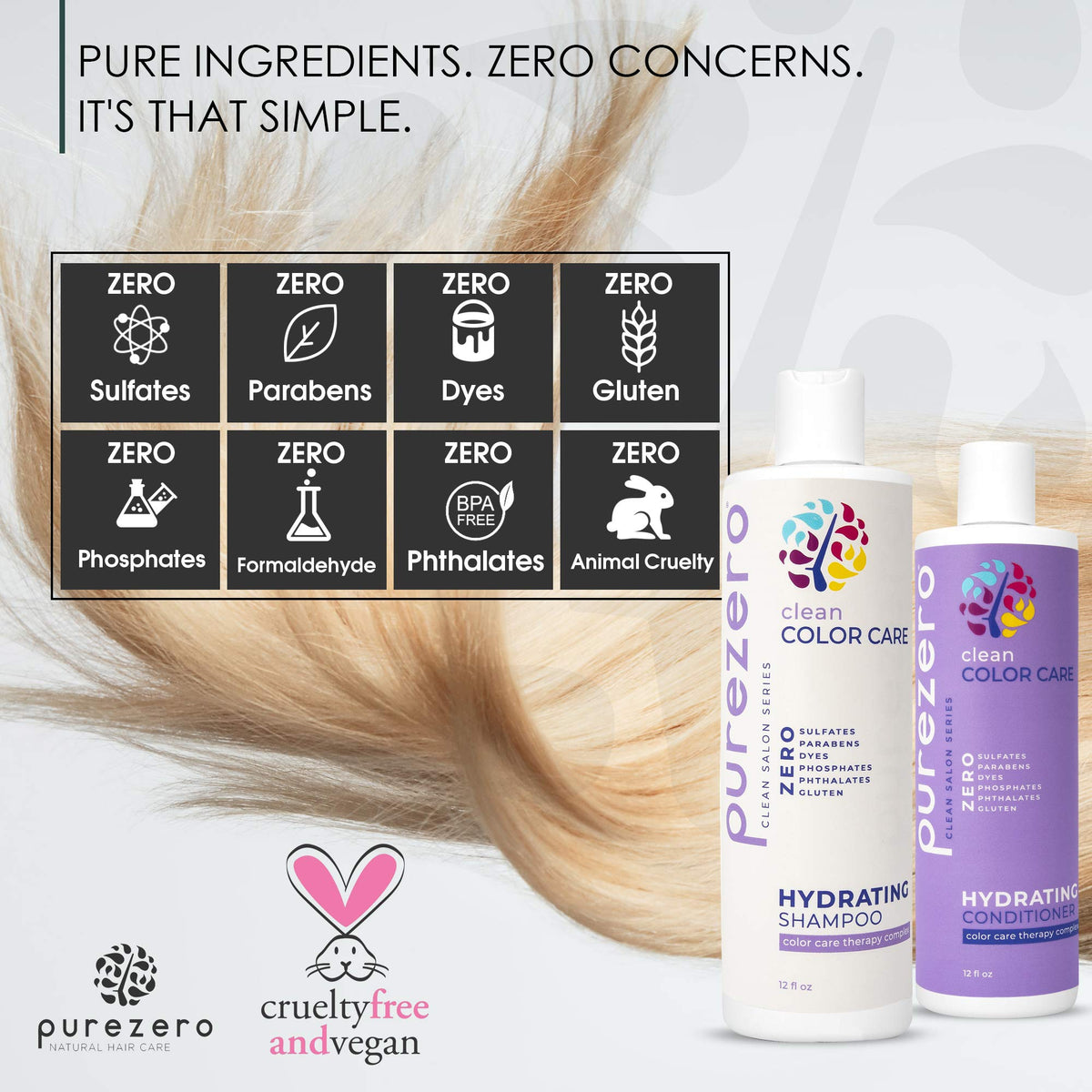 Purezero hair before and after scale showing improved shine and color retention