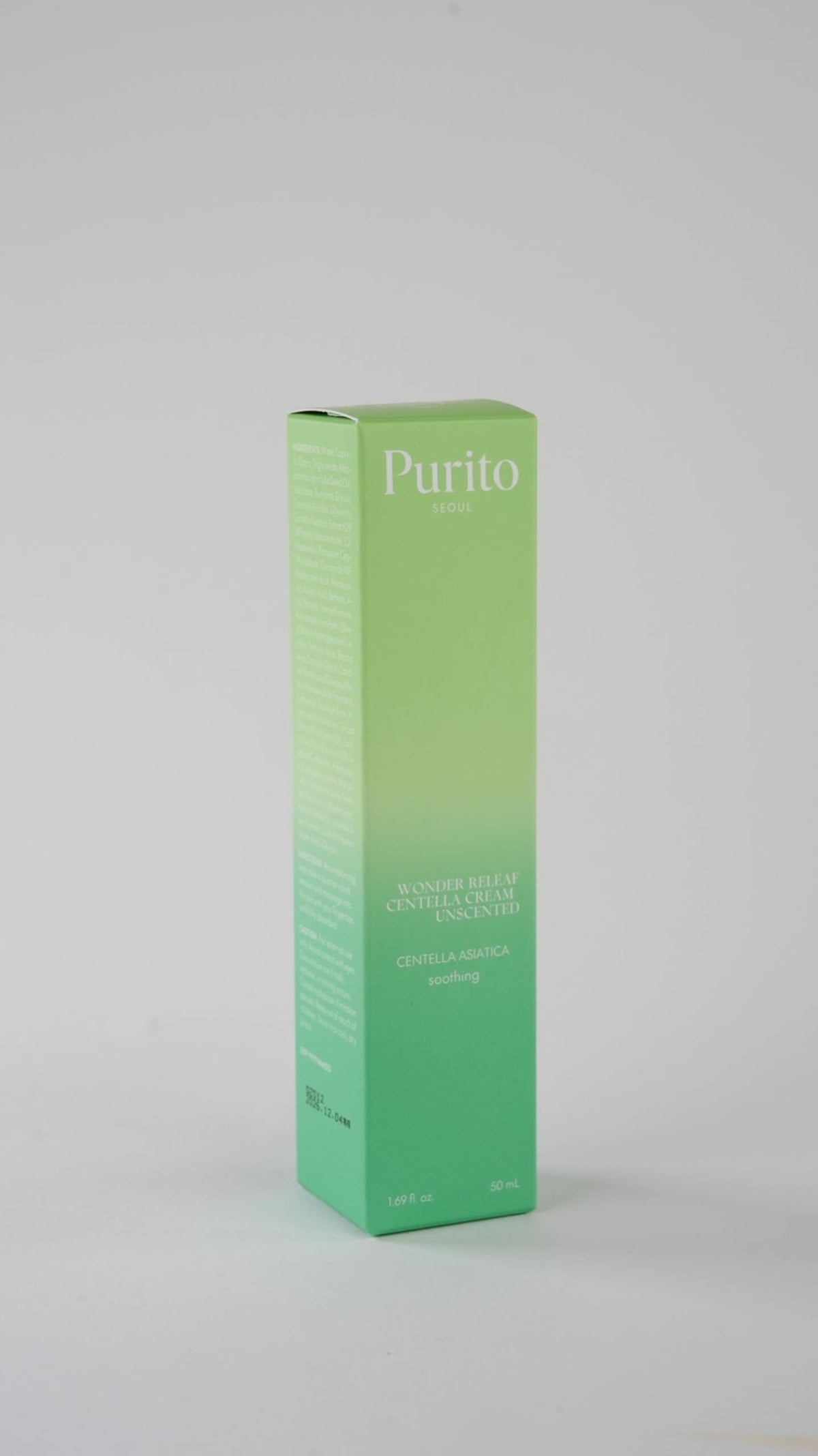 PURITO cream on bathroom shelf in minimalist setting suggesting daily calming routine