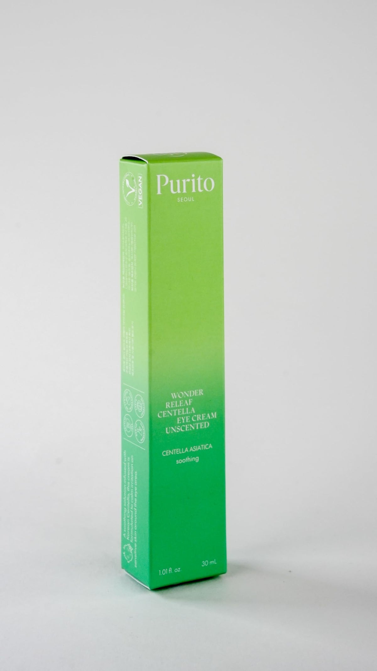 PURITO 30ml tube beside a ruler showing compact travel-friendly size
