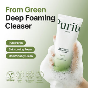 PURITO botanical ingredients display highlighting green tea and licorice soothing benefit