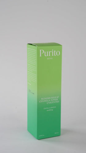 PURITO label close-up showing unscented claim and gentle formulation benefit